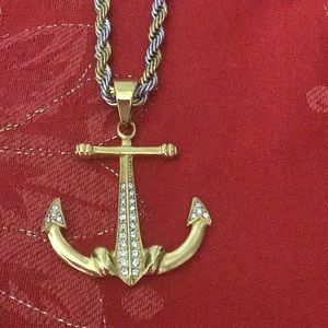 Large Anchor Gold Stainless Steel w/ Rhinestones & Silver & Gold Stainless Chain